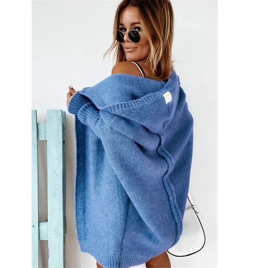 Damen Oversized Strickcardigan mit Kapuze und strukturiertem Design EB