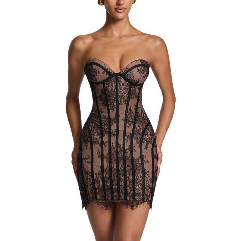Damen verführerisches Spitzenkleid mit herzförmigem Ausschnitt und figurformendem Design EB