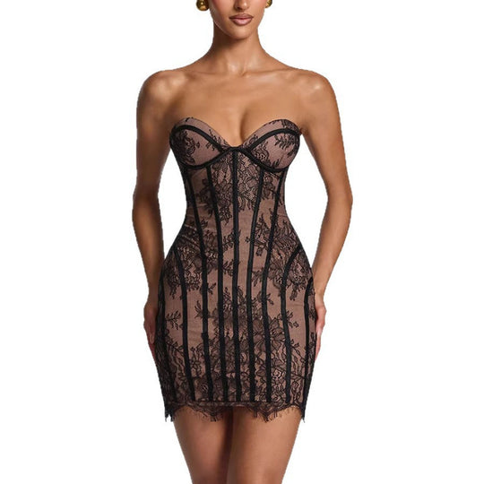 Damen verführerisches Spitzenkleid mit herzförmigem Ausschnitt und figurformendem Design EB