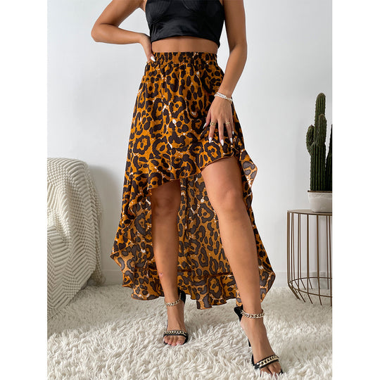 Damen Asymmetrischer Maxi-Rock mit aufregendem Leopardenmuster und Rüschendetails EB