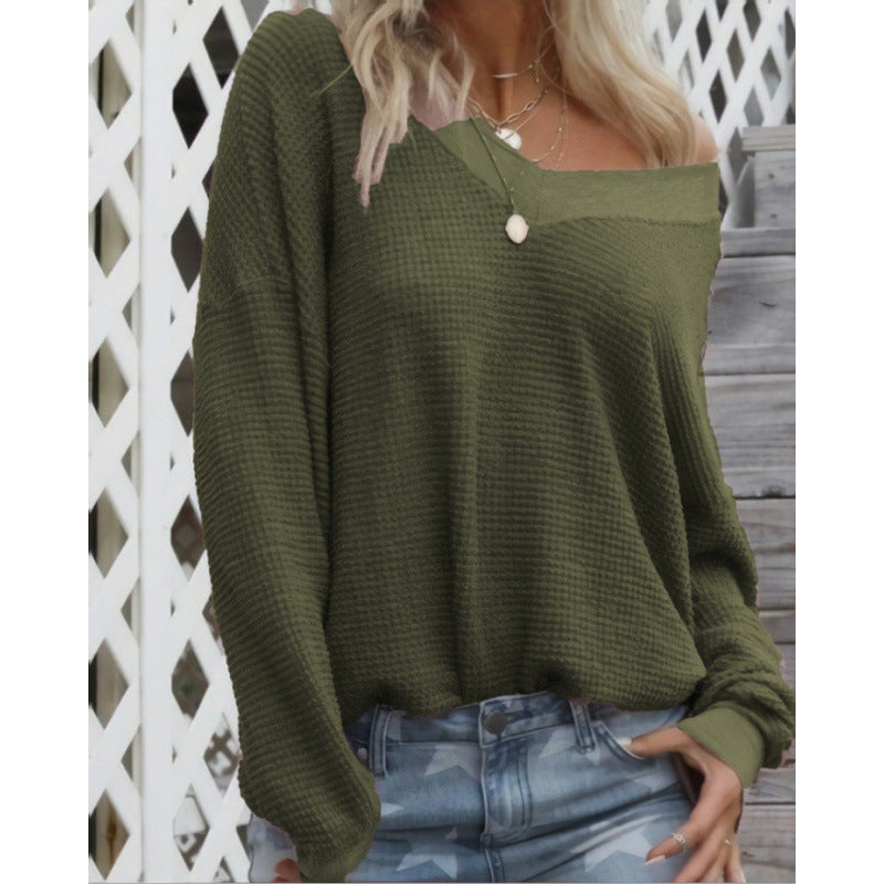 Damen Off‑Shoulder Waffelstrickpullover mit weitem Arm und elastischen Bündchen EB