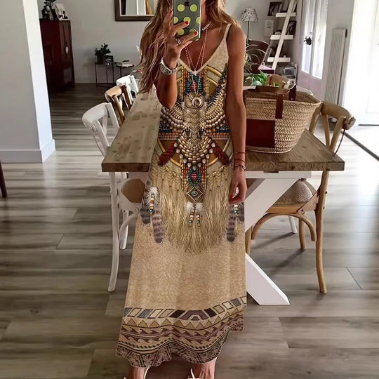 Damen Maxikleid mit künstlerischem tribal Design und fließendem Schnitt EB