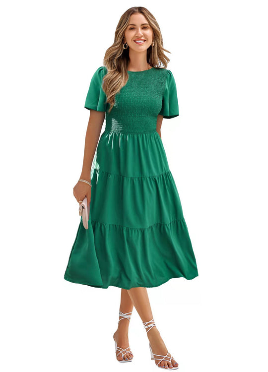 Damen Langes Wickelkleid mit elastischem Taillenbund und kurzen Ärmeln EB