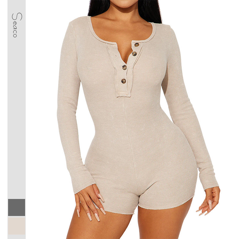 Damen Eleganter Langarm-Jumpsuit mit Knopfdetails EB
