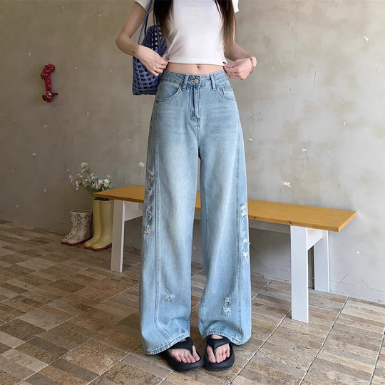 Damen Weite Jeans mit modischen Rissen und hohem Bund EB