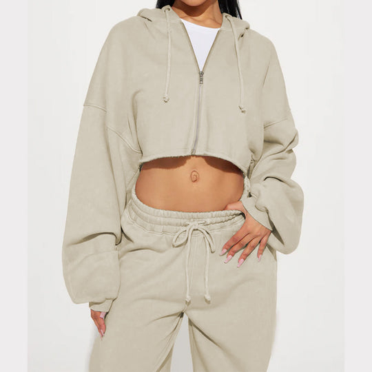 Damen nan Kapuzen-Crop-Top und weite Jogginghose Lounge-Set aus weichem Fleece EB
