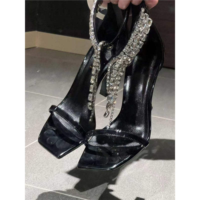 Damen elegante High Heel Sandalen mit funkelnden Strassapplikationen EB