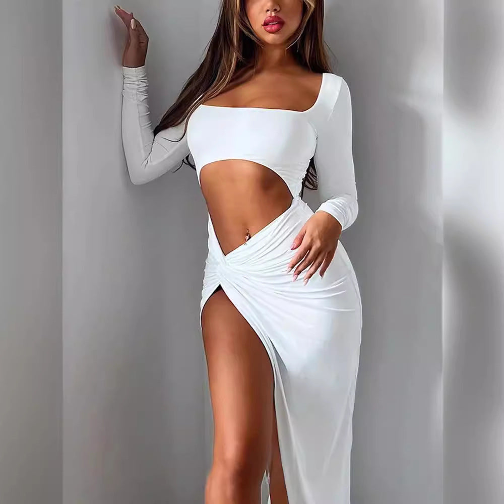 Damen Cut-Out Maxikleid mit langer Ärmel und hohem Schlitz EB