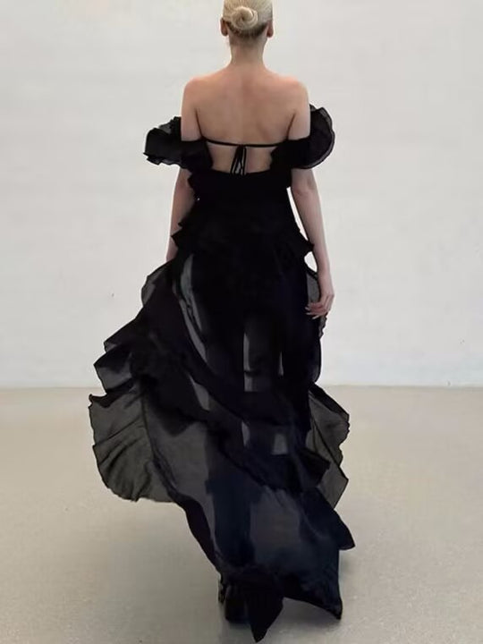 Damen Off-Shoulder Maxikleid mit voluminösen Rüschendetails und schwingendem Saum EB