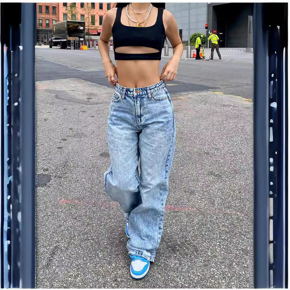 Damen nan weite High-Waist Baggy-Jeans mit tiefem Schritt, Five-Pocket Design und extra-langen Beinen EB