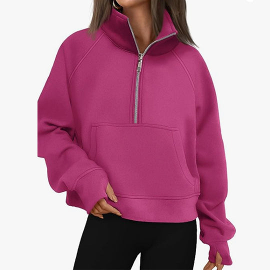Damen nan oversized Sweatshirt mit halbem Reißverschluss Kängurutasche und Daumenlöchern EB