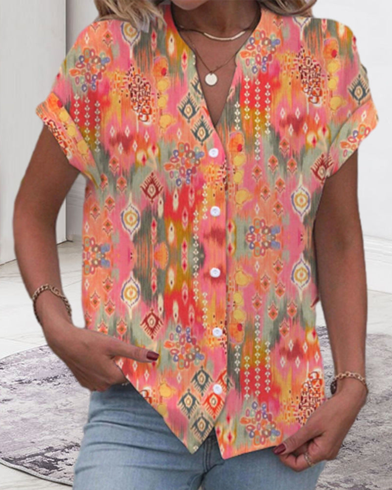Damen Kurzarmbluse mit kunstvollem Ikat-Design Heidi-Mode
