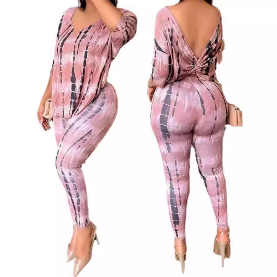 Damen Lässiges Kombinationsoutfit mit abstraktem Muster und überschnittenen Ärmeln EB