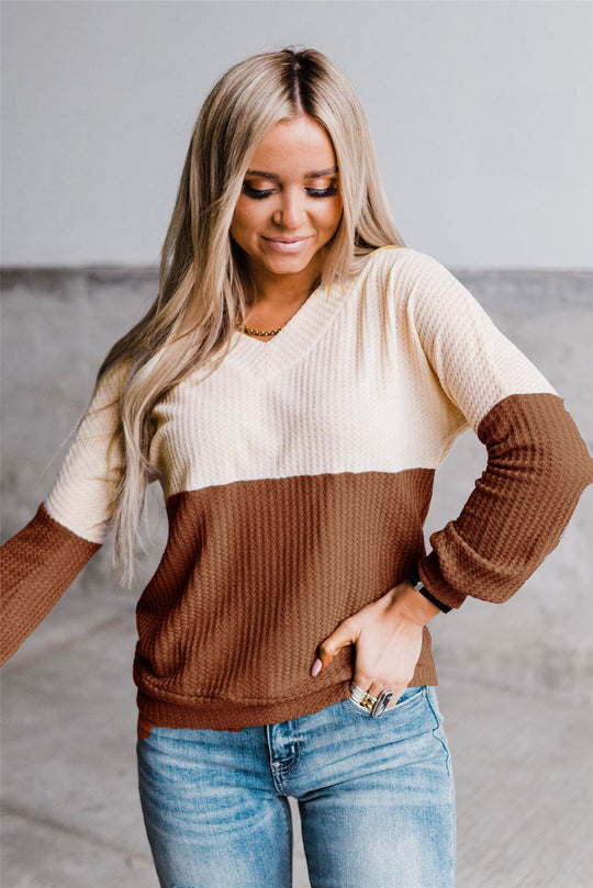 Damen lässiges V-Ausschnitt Sweatshirt mit strukturiertem Waffelstrick EB
