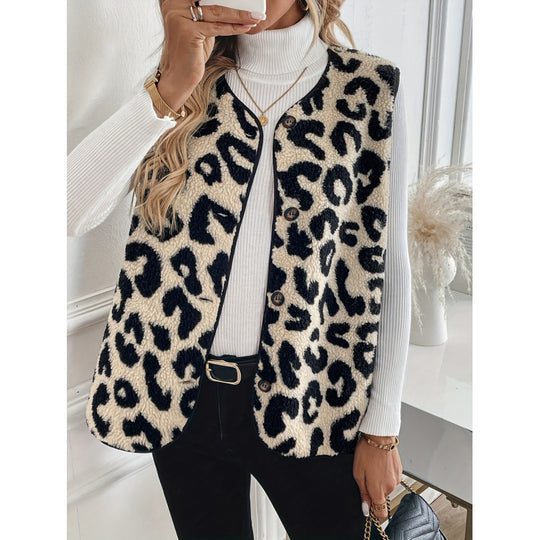 Damen Fellweste mit Leopardenmuster und Knopfverschluss EB