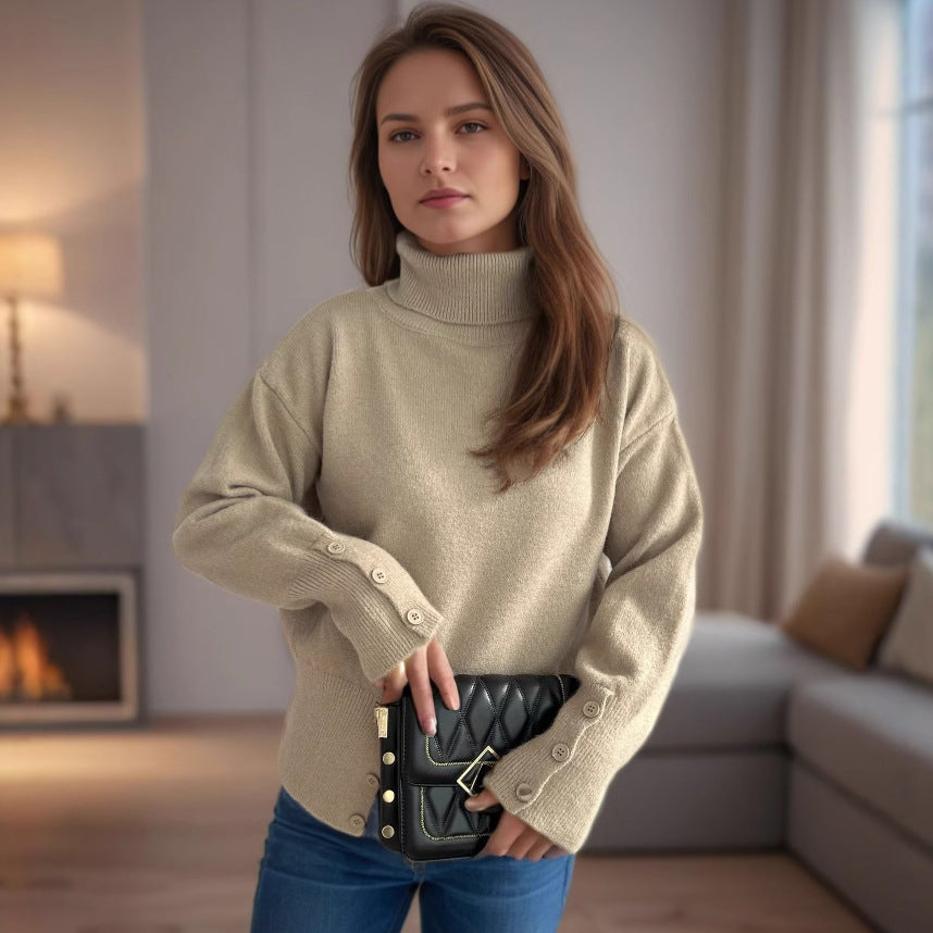 Damen modischer Rollkragenpullover mit Knopfdetails und asymmetrischem Saum EB