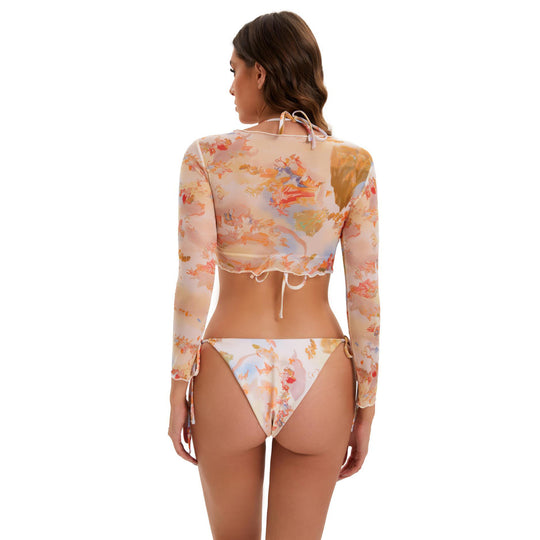 Damen Bikini-Set mit langärmeligem Crop-Top und floralem Design EB