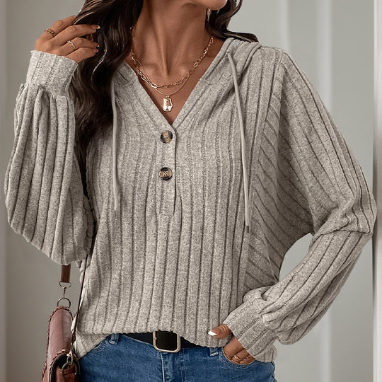 Damen Strickpullover mit Kapuze und Knopfdetail EB
