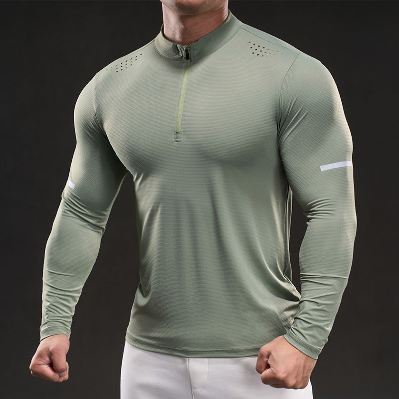 Herren Atmungsaktives Longsleeve Trainingsshirt mit Stehkragen und Kurz-Reißverschluss EB