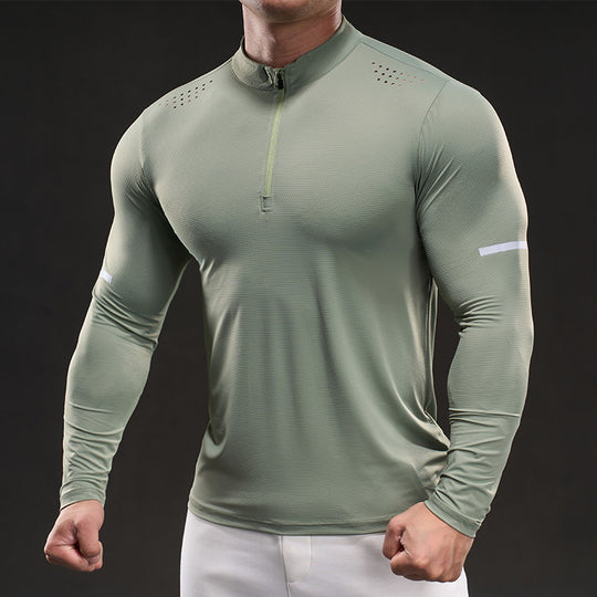 Herren Atmungsaktives Longsleeve Trainingsshirt mit Stehkragen und Kurz-Reißverschluss EB