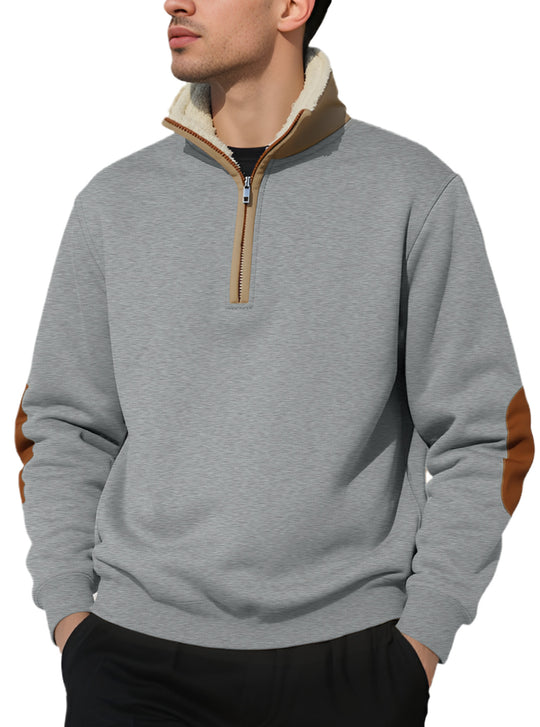 Herren nan legeres Halbzip-Sweatshirt mit Sherpagefüttertem Stehkragen und Kunstleder-Ellenbogenapplikation EB