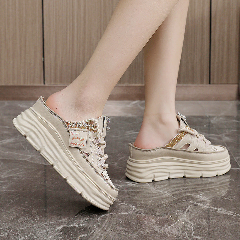 Damen Plateau Clogs mit atmungsaktiver Obermaterialstruktur und elegantem Glitzerelement EB