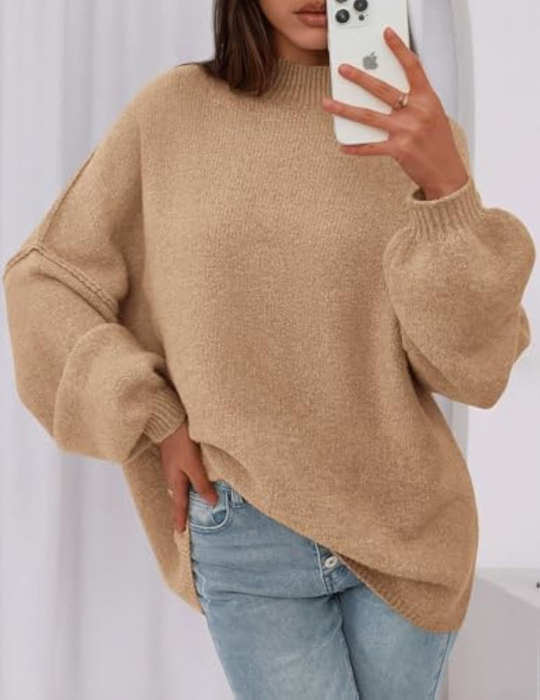 Damen Oversize-Strickpullover mit Stehkragen und Ballonärmeln EB