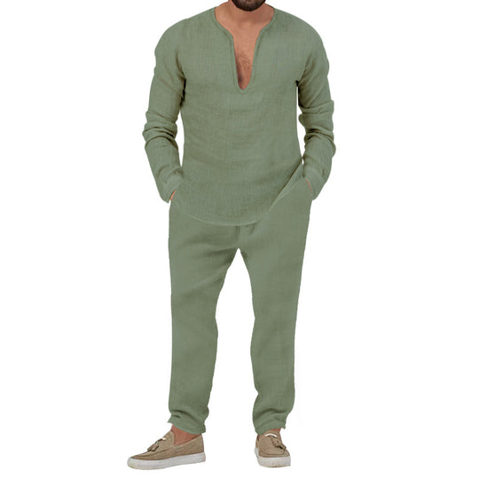 Herren lässiges Leinen-Outfit mit tiefem V-Ausschnitt und elastischem Bund EB