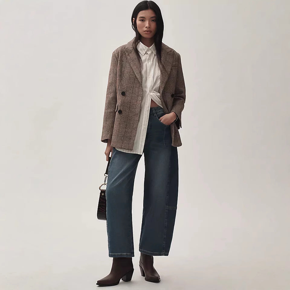 Damen nan hochgeschnittene weite Culotte-Jeans mit verkürzter Länge und dekorativen Nahtdetails EB