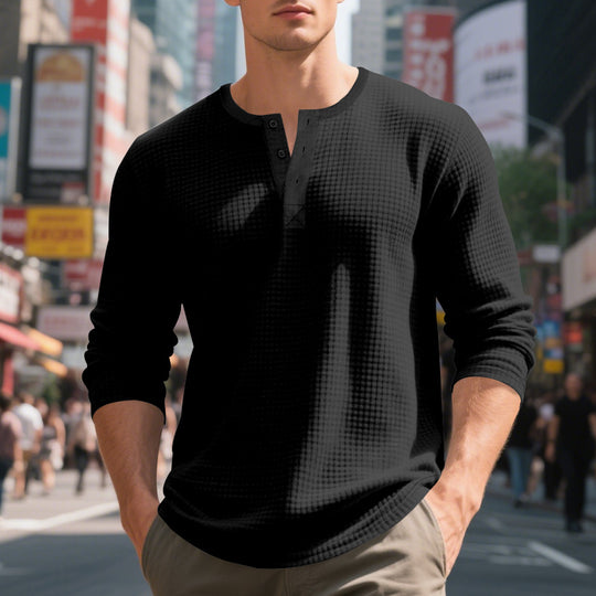 Herren nan thermoregulierendes Waffel-Thermalshirt mit Kurzknopfleiste und gerundetem Saum EB