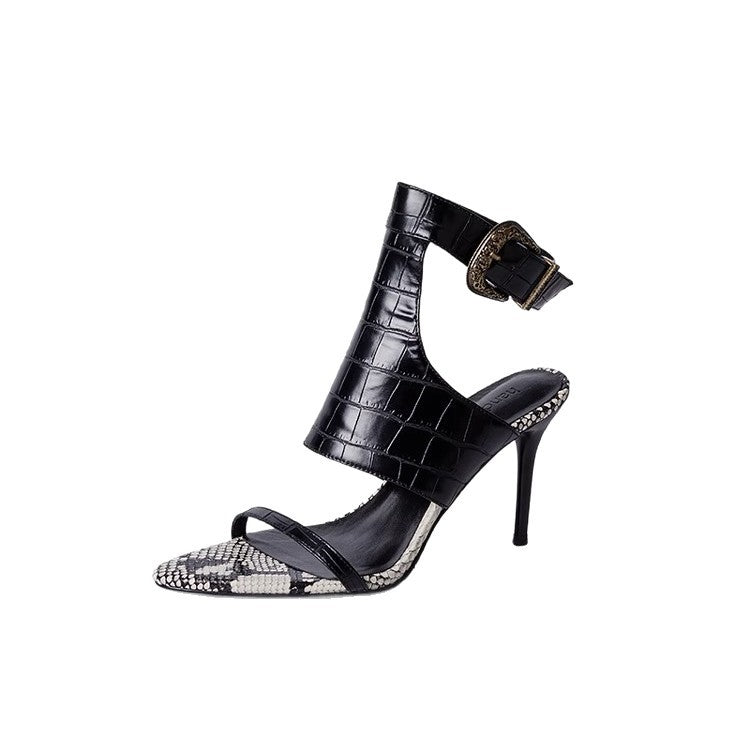 Damen hochhackige Sandalen mit stilvollem Krokodil-Design und elegantem Fersenriemen EB