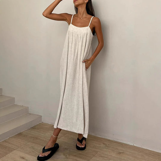 Damen luftiges Maxikleid mit breitem Schnitt und praktischen Taschen EB