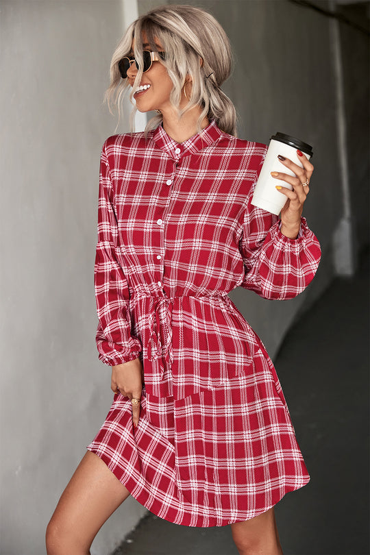 Damen Hemdblusenkleid mit verstellbarem Taillengürtel und kariertem Design EB