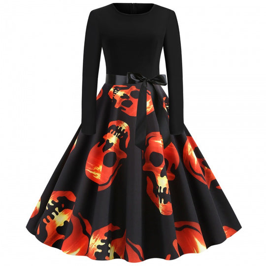 Damen Vintage Swing-Kleid mit tailliertem Oberteil, Tellerrock und großflächigem Totenkopf-Print EB