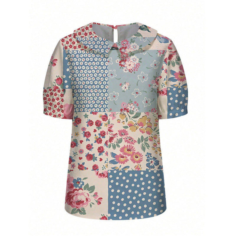Damen Kurzarmbluse mit floralen Akzenten und klassischem Kragen EB