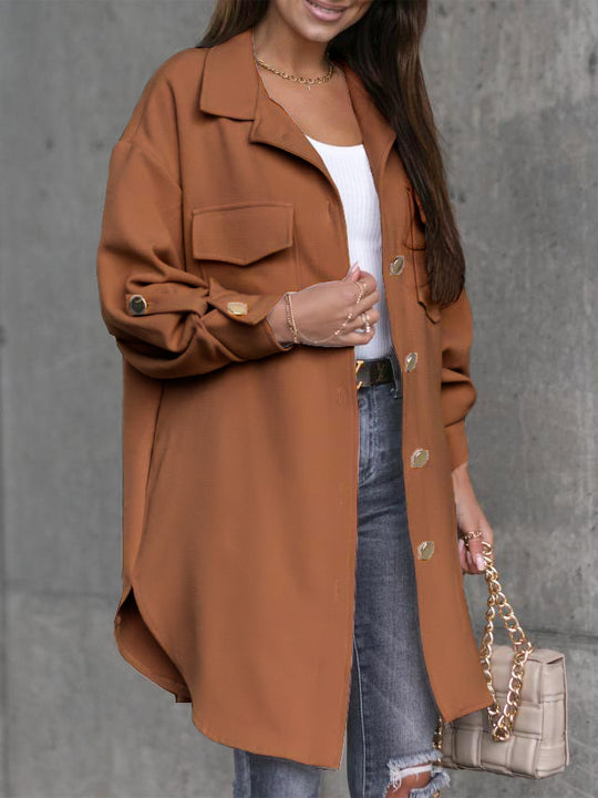 Damen Oversize-Chic Hemdenjacke mit Taschen und Knopfdetails EB