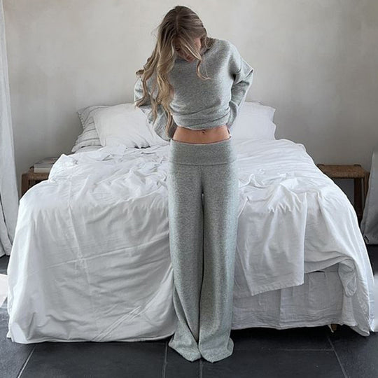 Damen nan kaschmirähnliches Strick-Lounge-Set mit Oversize-Pullover und weiten Palazzo-Hosen EB