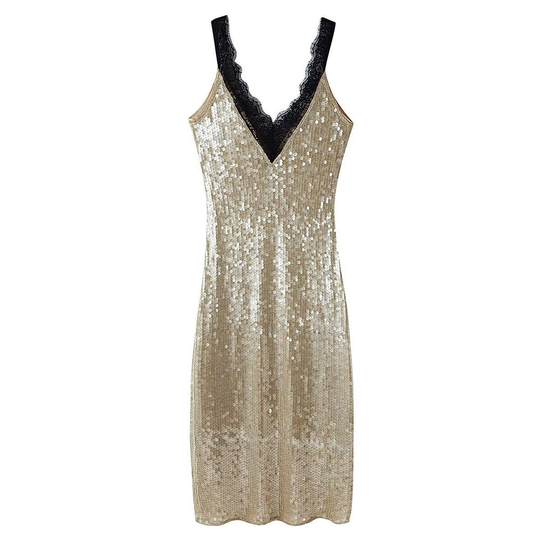 Damen glamouröses Abendkleid mit Pailletten und Spitzenverzierung EB