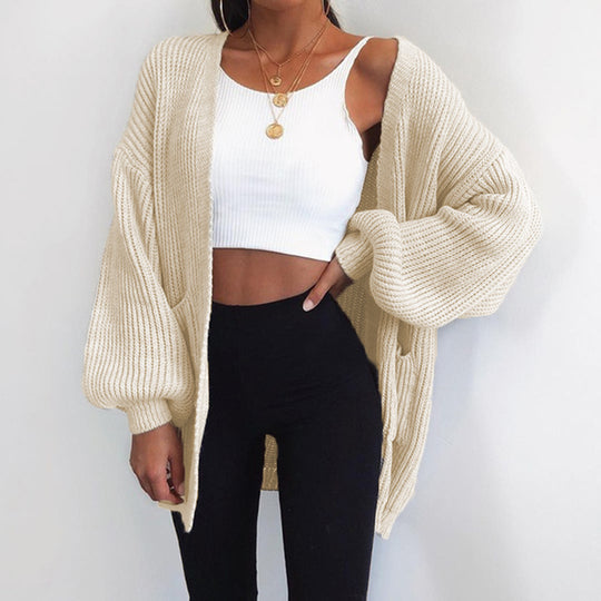 Damen Grober Strickcardigan mit ballonförmigen Ärmeln und lässigem Schnitt EB