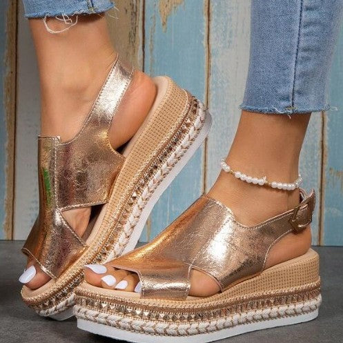 Damen elegante Keil-Sandalen mit offenen Zehen und Riemen EB