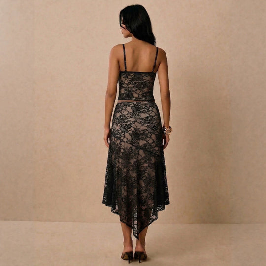 Damen nan Spitzen-Zweiteiler mit Bustier-Croptop und asymmetrischem Midirock EB