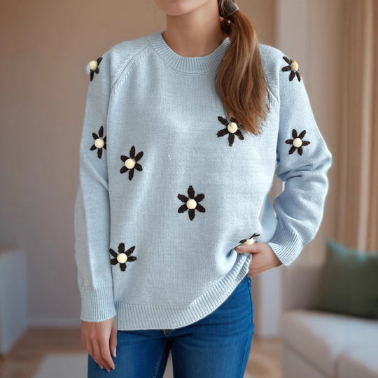Damen Strickpullover mit floralen Applikationen und lässigem Schnitt EB