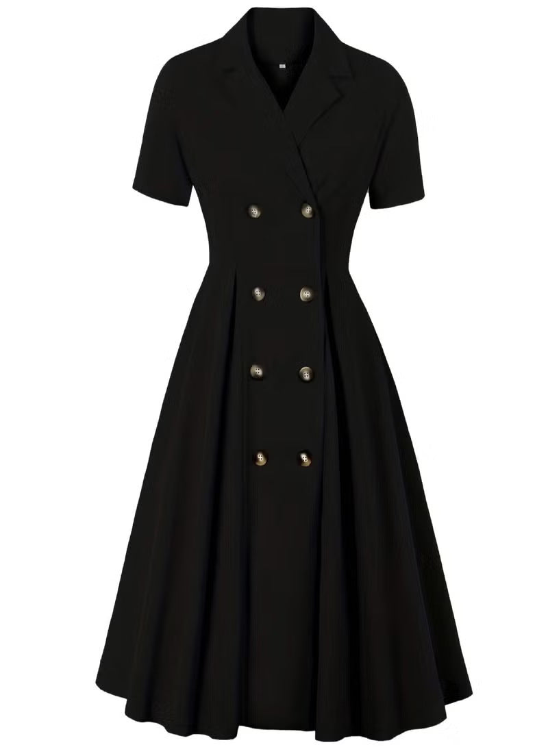 Damen elegantes Midikleid mit doppelter Knopfleiste und schwingendem Rock EB