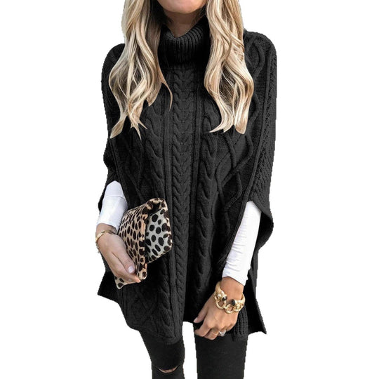 Damen Kuschelponcho mit hohem Kragen und Zopfmuster EB