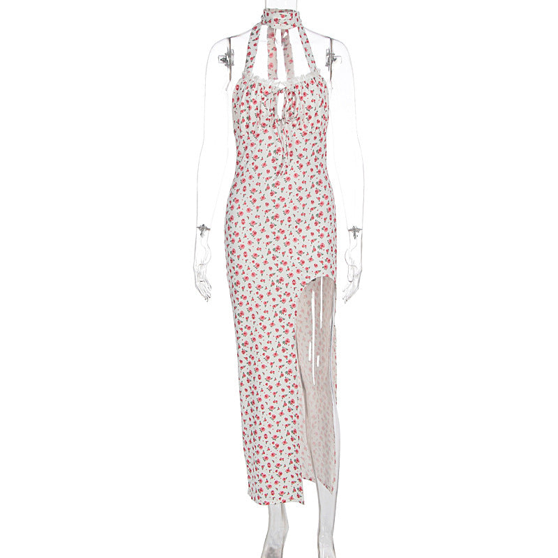 Damen Maxikleid mit floralem Muster, Neckholder und asymmetrischem Saum EB