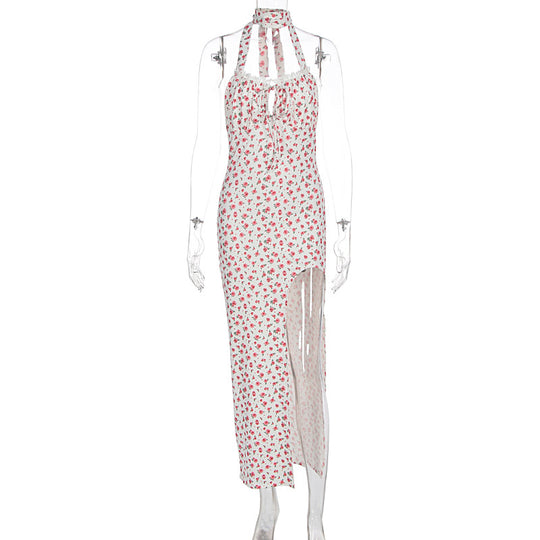 Damen Maxikleid mit floralem Muster, Neckholder und asymmetrischem Saum EB