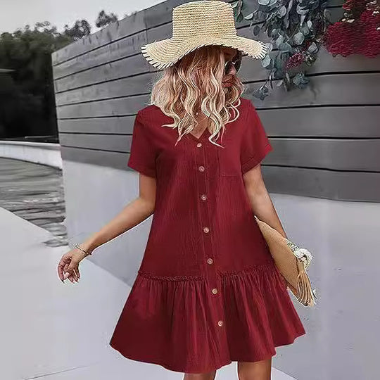 Damen Freizeitkleid mit Knopfverschluss und Volants EB
