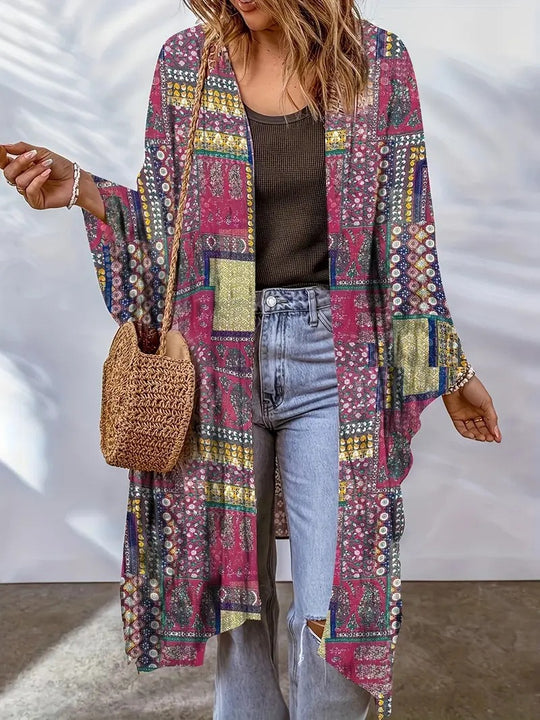 Damen Lässige Kimono-Jacke mit buntem Muster und weitem Schnitt EB