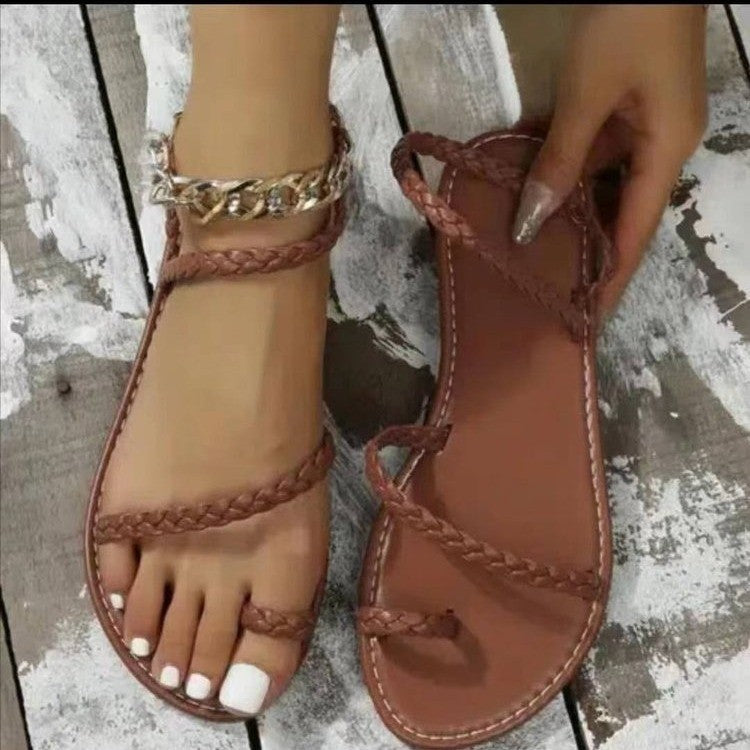 Damen flache Riemchensandalen mit geflochtenem Design und komfortablem Fußbett EB