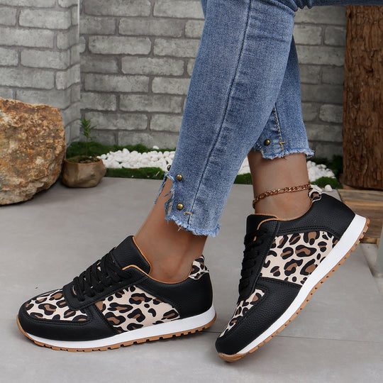 Damen sportliche Leoparden-Print Retro-Sneaker mit gepolstertem Komfortfußbett und profilierter Gummisohle EB